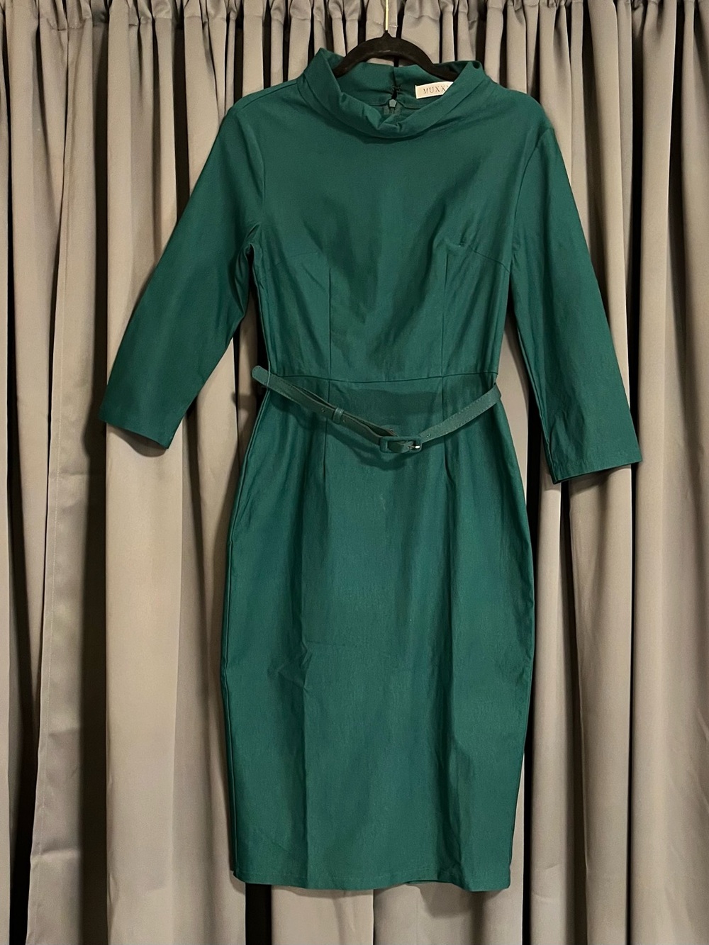 Elegant Teal Long-Sleeve Midi Sheath Dress with Slim Belt